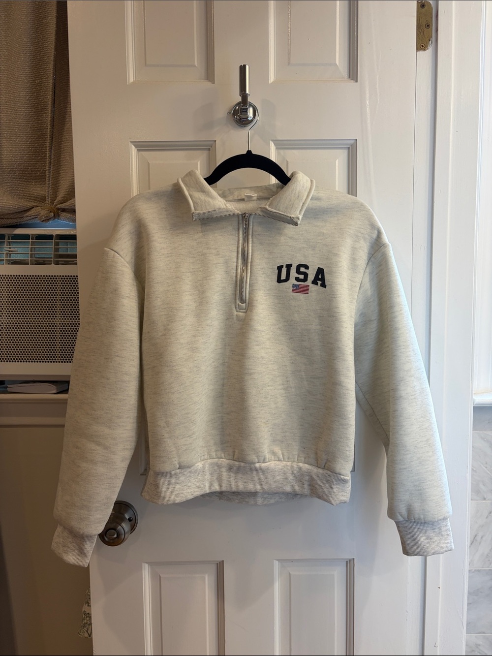 SHEIN Light Heather Gray Quarter-Zip USA Sweatshirt